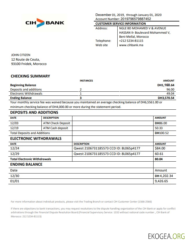 Modèle de justificatif de domicile bancaire CIH Maroc au format Word et PDF